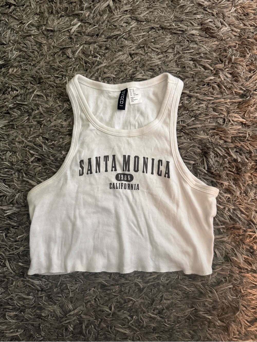 Divided White Cropped Tank with Black 'Santa Monica' Print